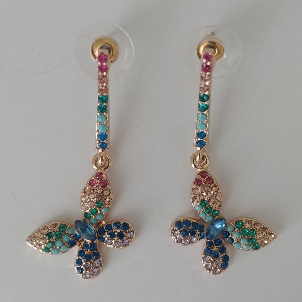 Y2K butterfly dangle earrings gold tone blue pink stones